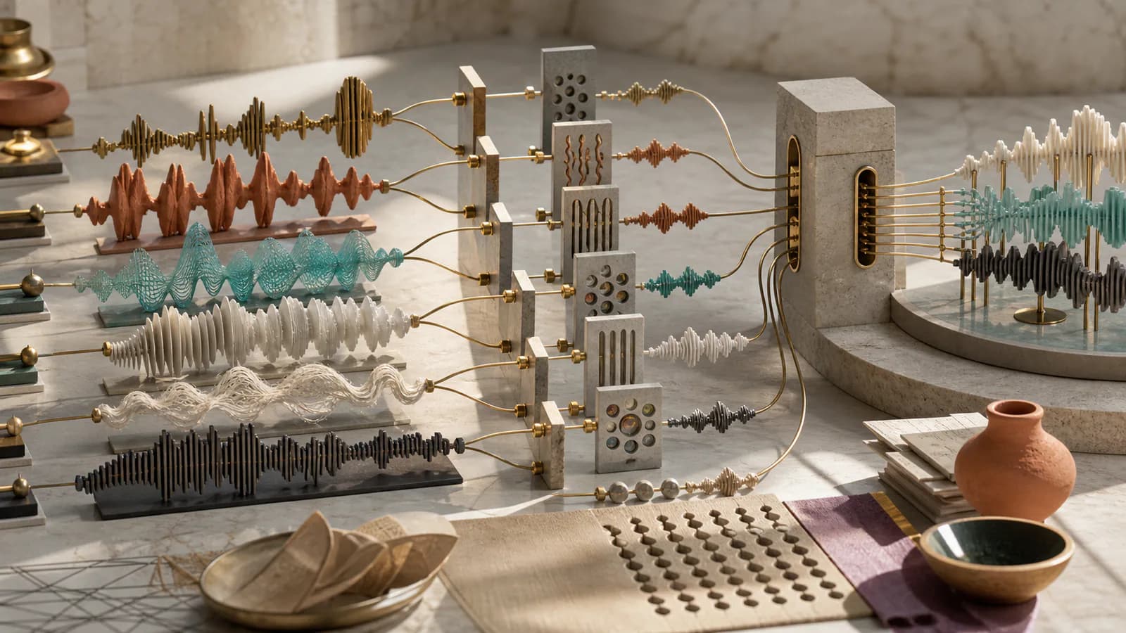 Multiple acoustic waveforms passing through production-readiness gates into a shared voice AI system